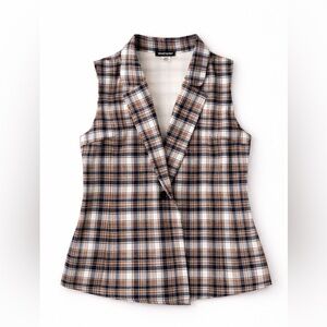 Preppy Brown, White, & Black Plaid Sleeveless Blazer Vest | Size 1X